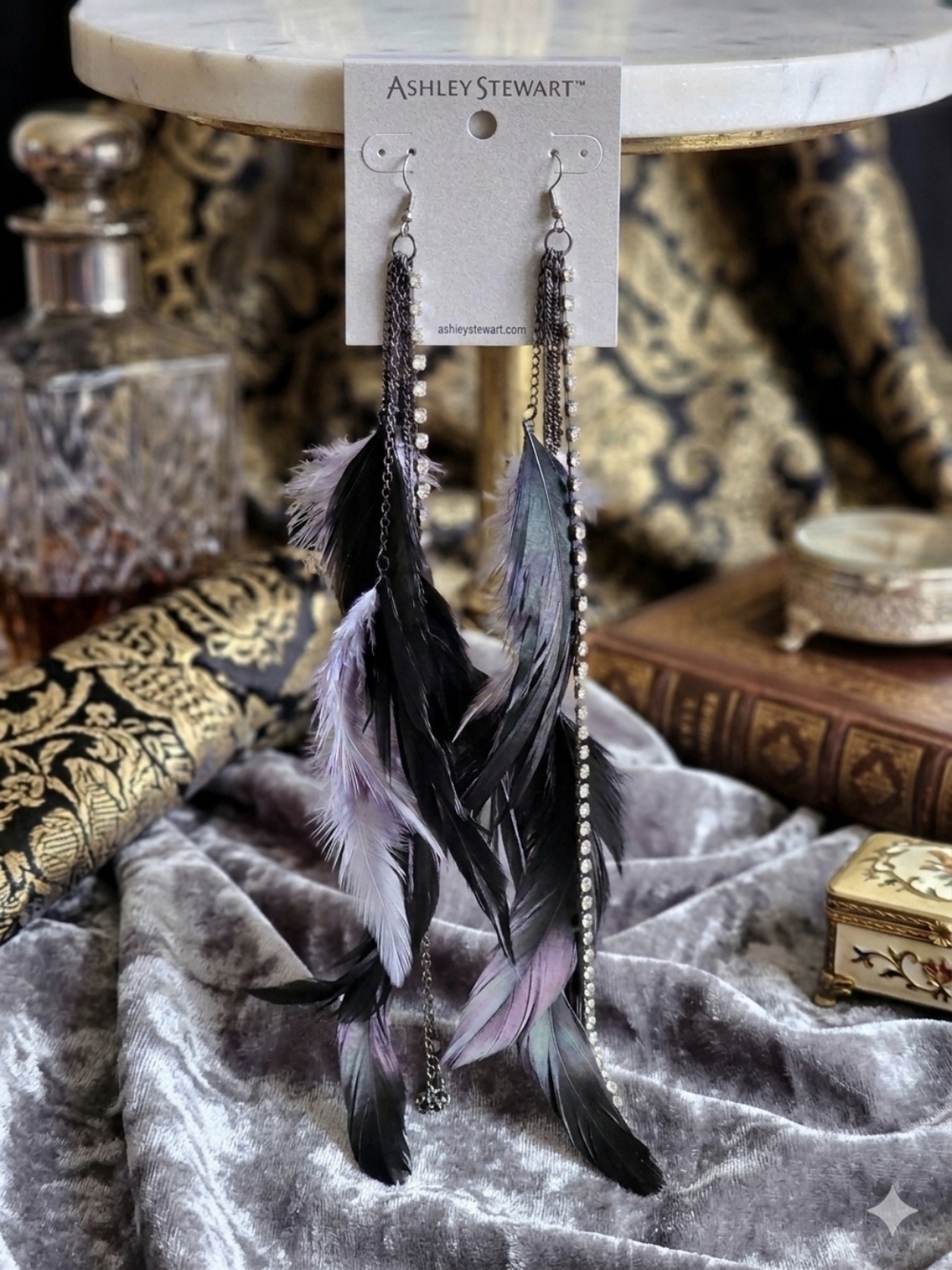 Ashley Stewart Black and Purple Feather Linear Drop Earrings